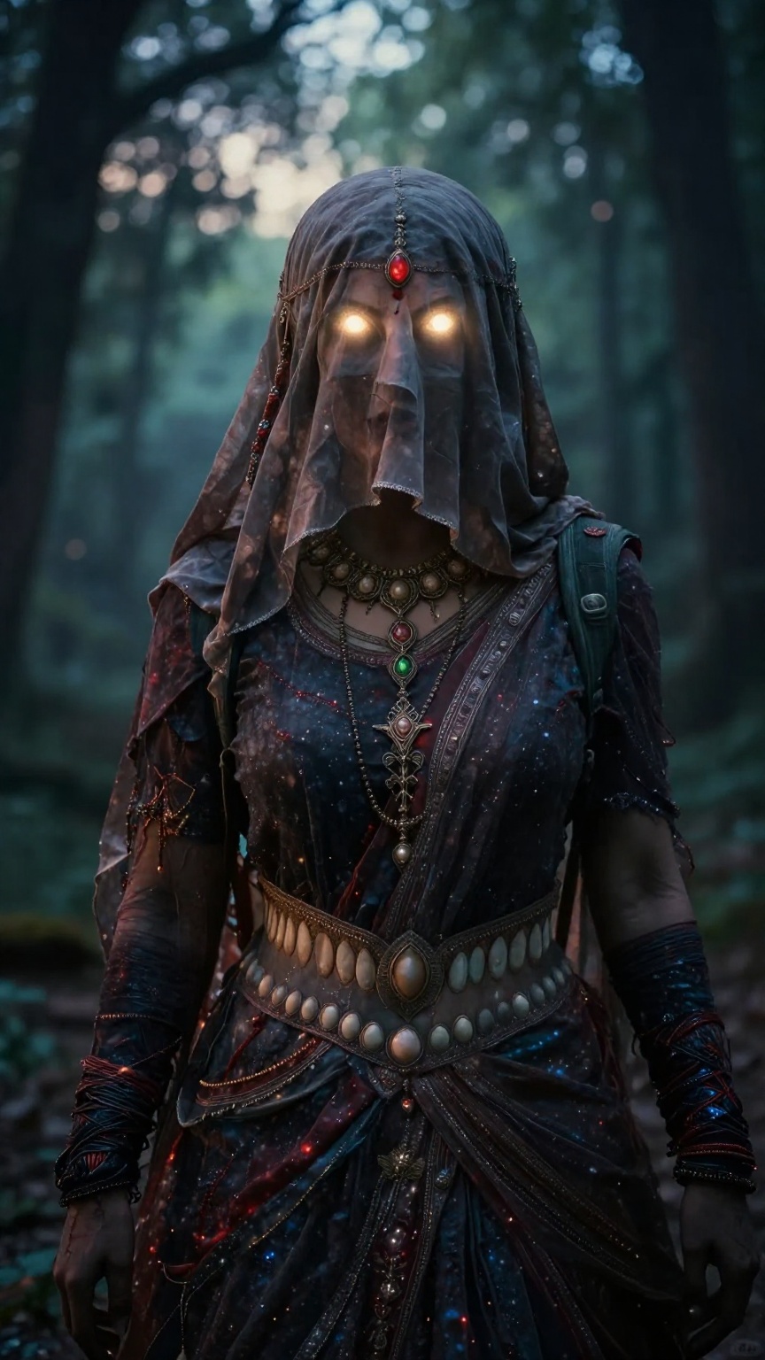 Create a cinematic scene where an Indian witch stands,  her hair and forehead covered by a hard veil made of opaque cloth,...