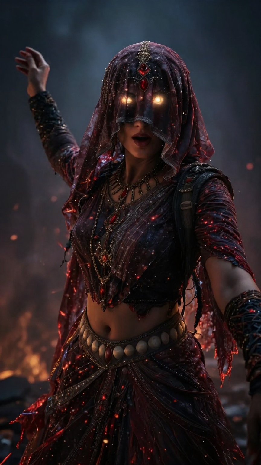 Create a cinematic scene featuring an Indian witch with her hair and forehead covered by a hard veil cloth,  leaving only...