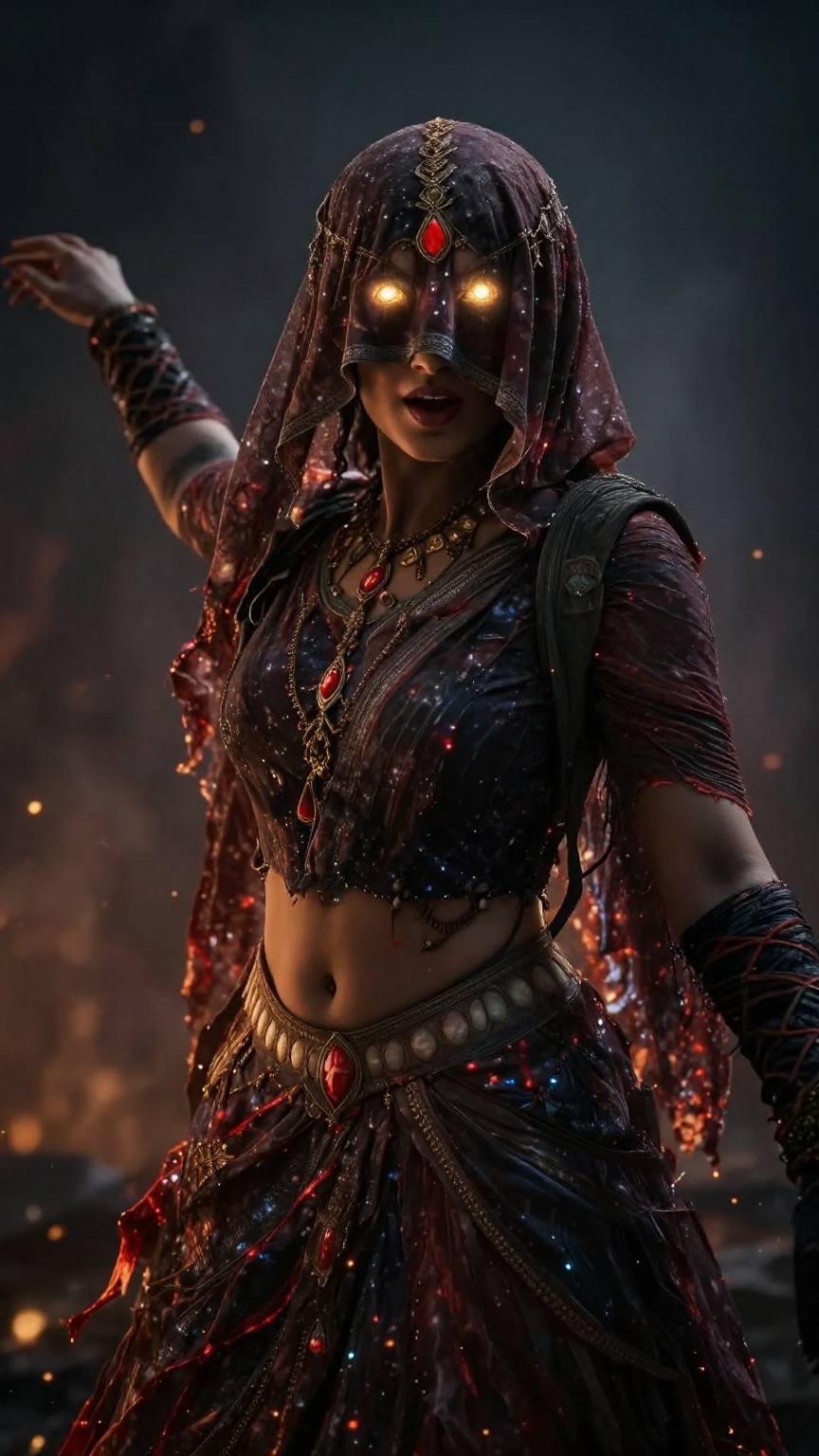 Create a cinematic scene featuring an Indian witch with her hair and forehead covered by a hard veil cloth,  leaving only...