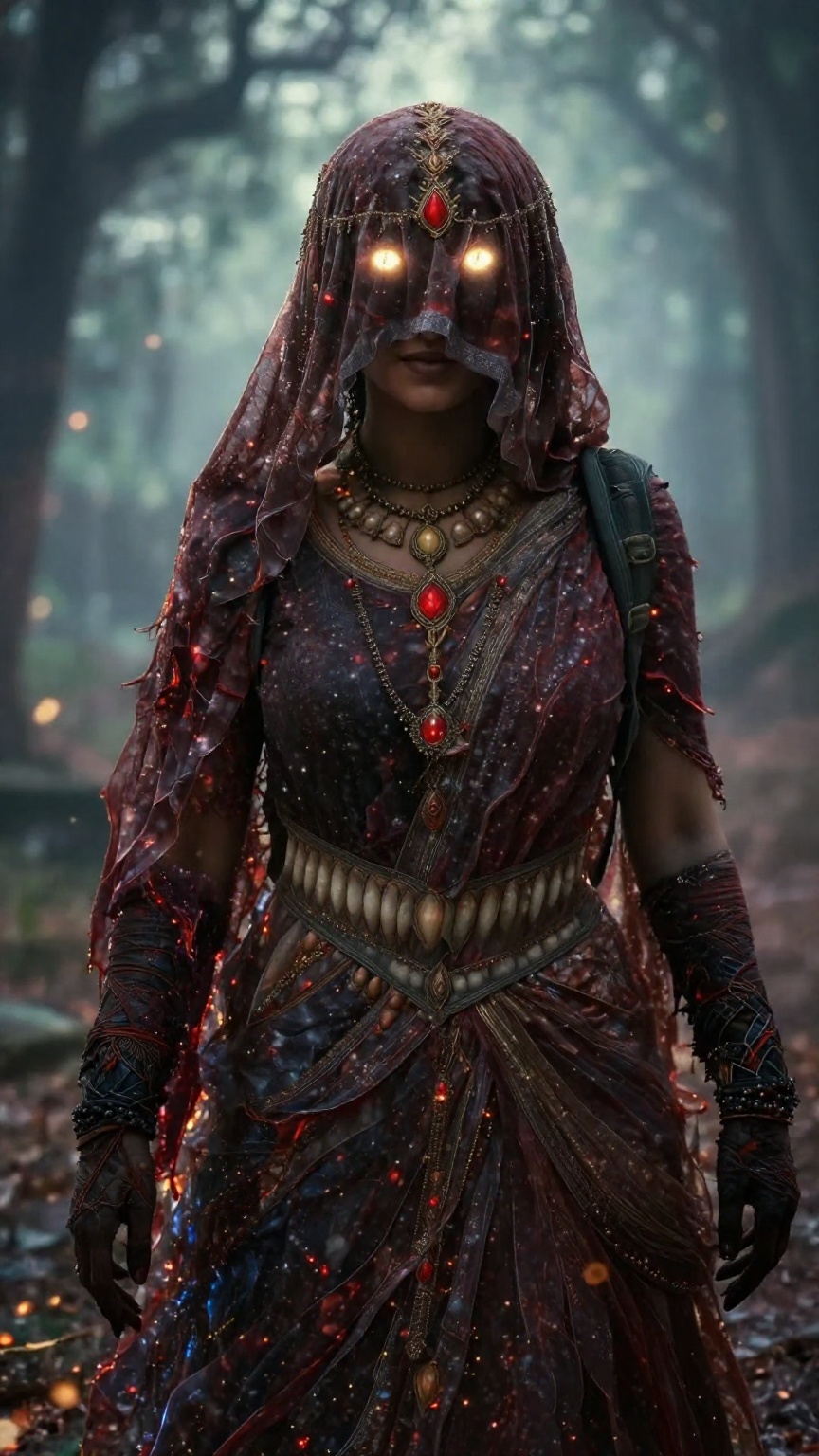 Create a cinematic scene where an Indian witch stands,  her hair and forehead covered by a hard veil made of Vail cloth,...