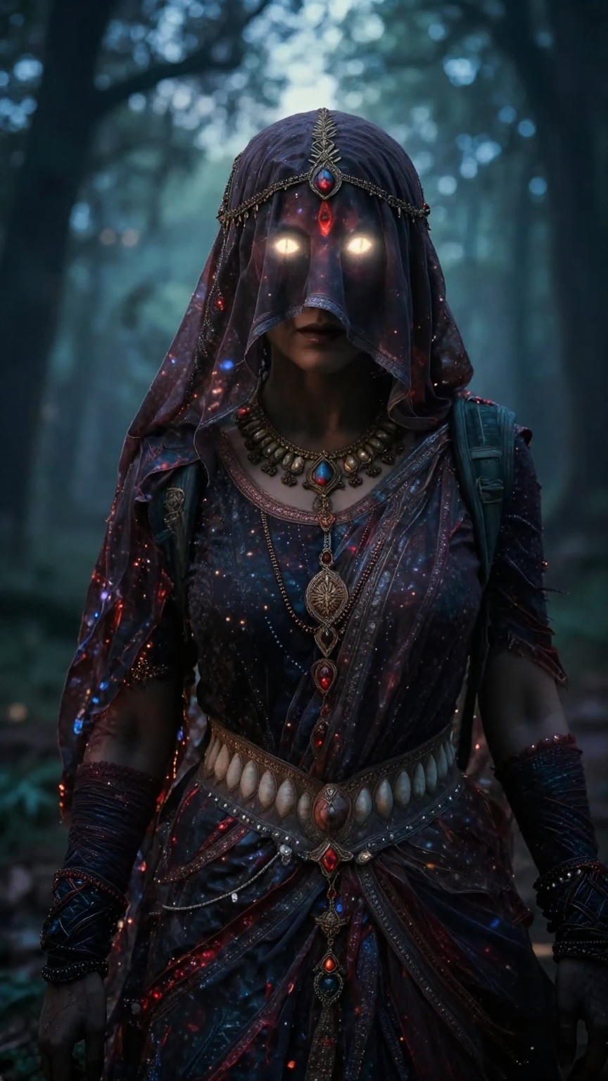 Create a cinematic scene where an Indian witch stands,  her hair and forehead covered by a hard veil made of opaque cloth,...