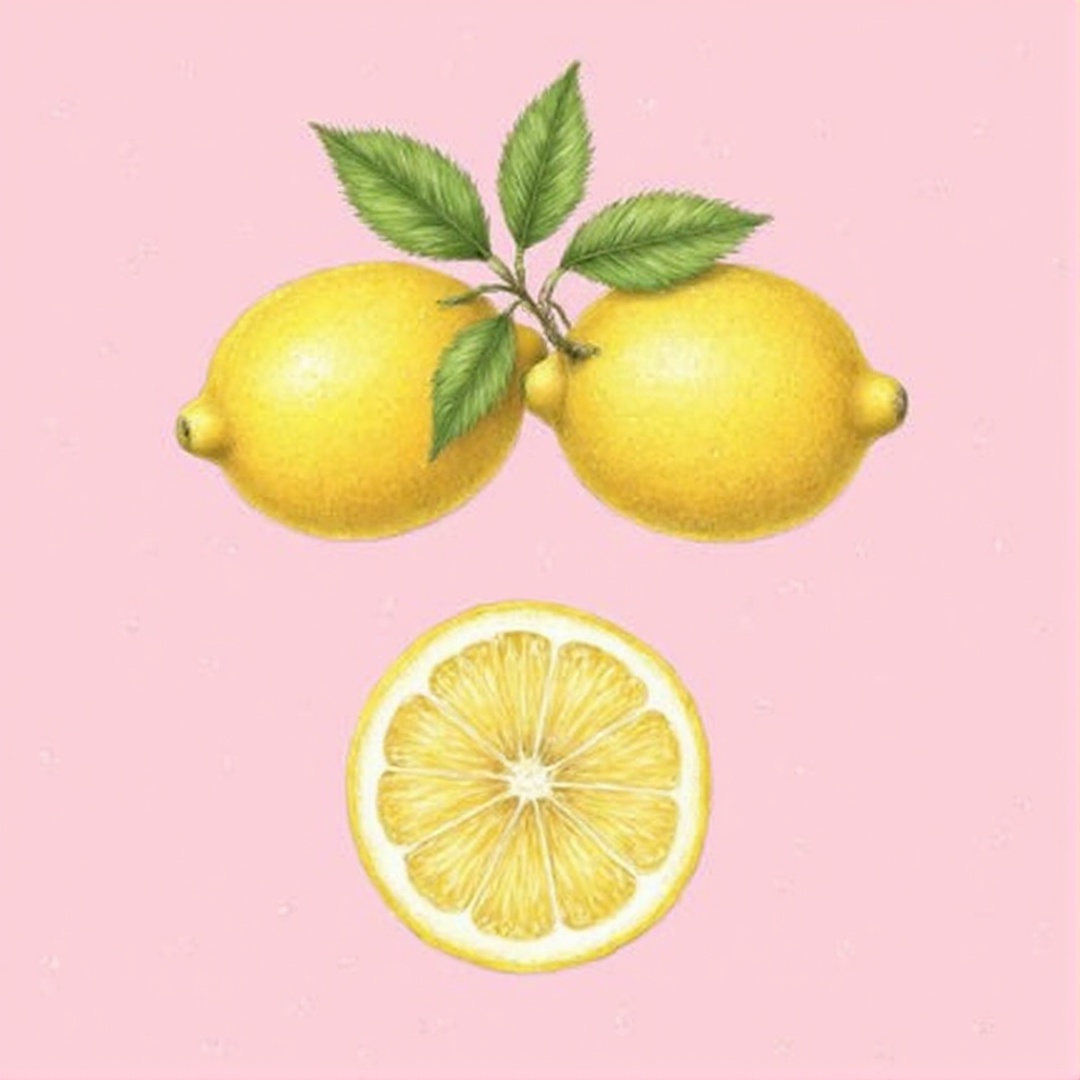 The image shows an illustration of three lemons on a pink background with a subtle speckled texture. Two whole lemons are...