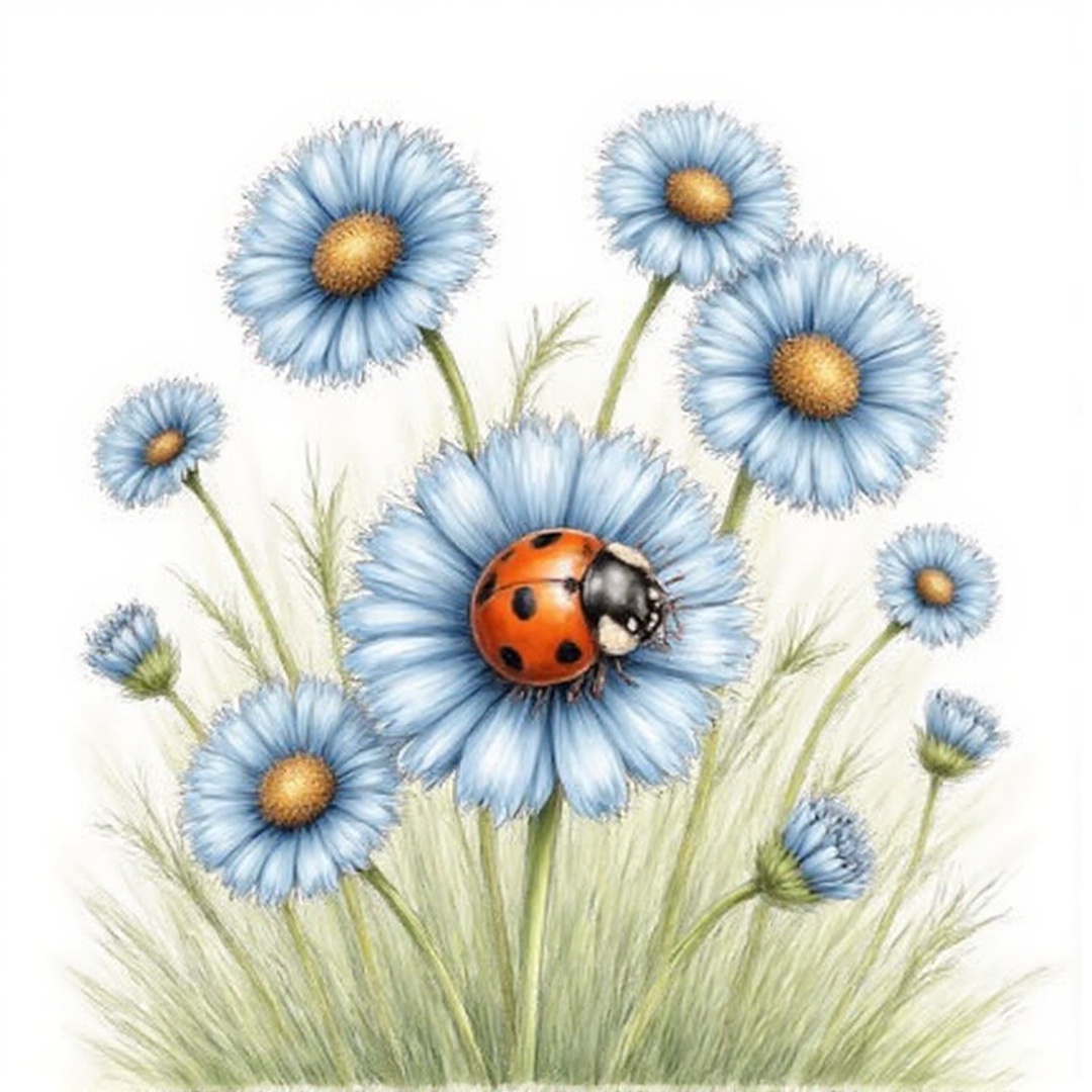 A tender ladybug among blue flowers,  Cozy_watercolor_ink on Tensor.Art