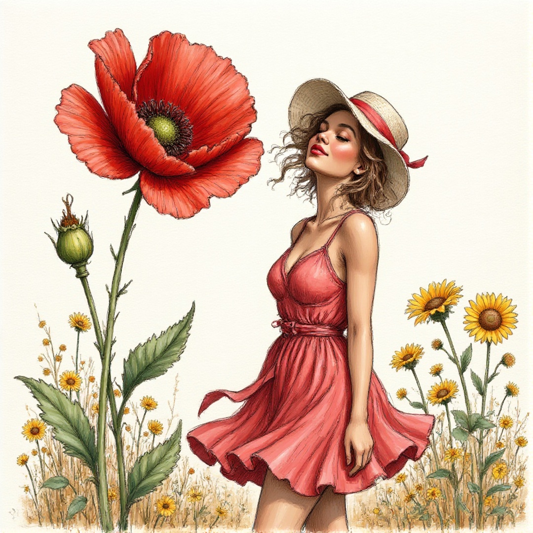 This is a vibrant and expressive illustration that captures a sense of freedom and summer warmth. Here is a detailed descr...
