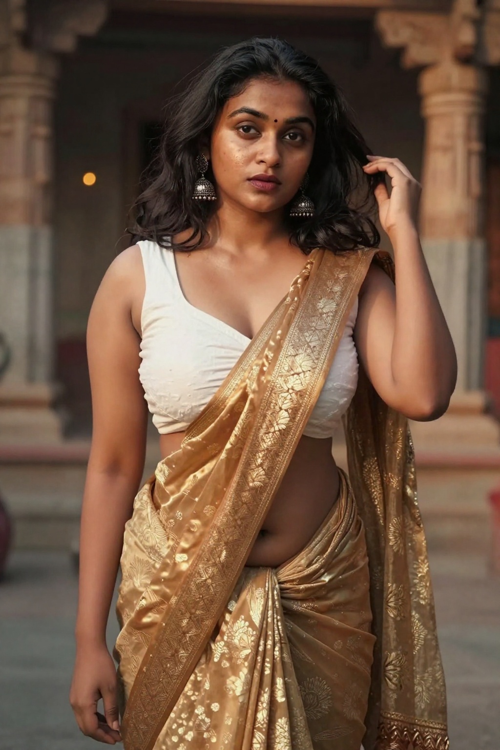 Cinematic photograph of a young South Asian woman with medium brown skin,  shoulder-length wavy black hair,  and large bre...