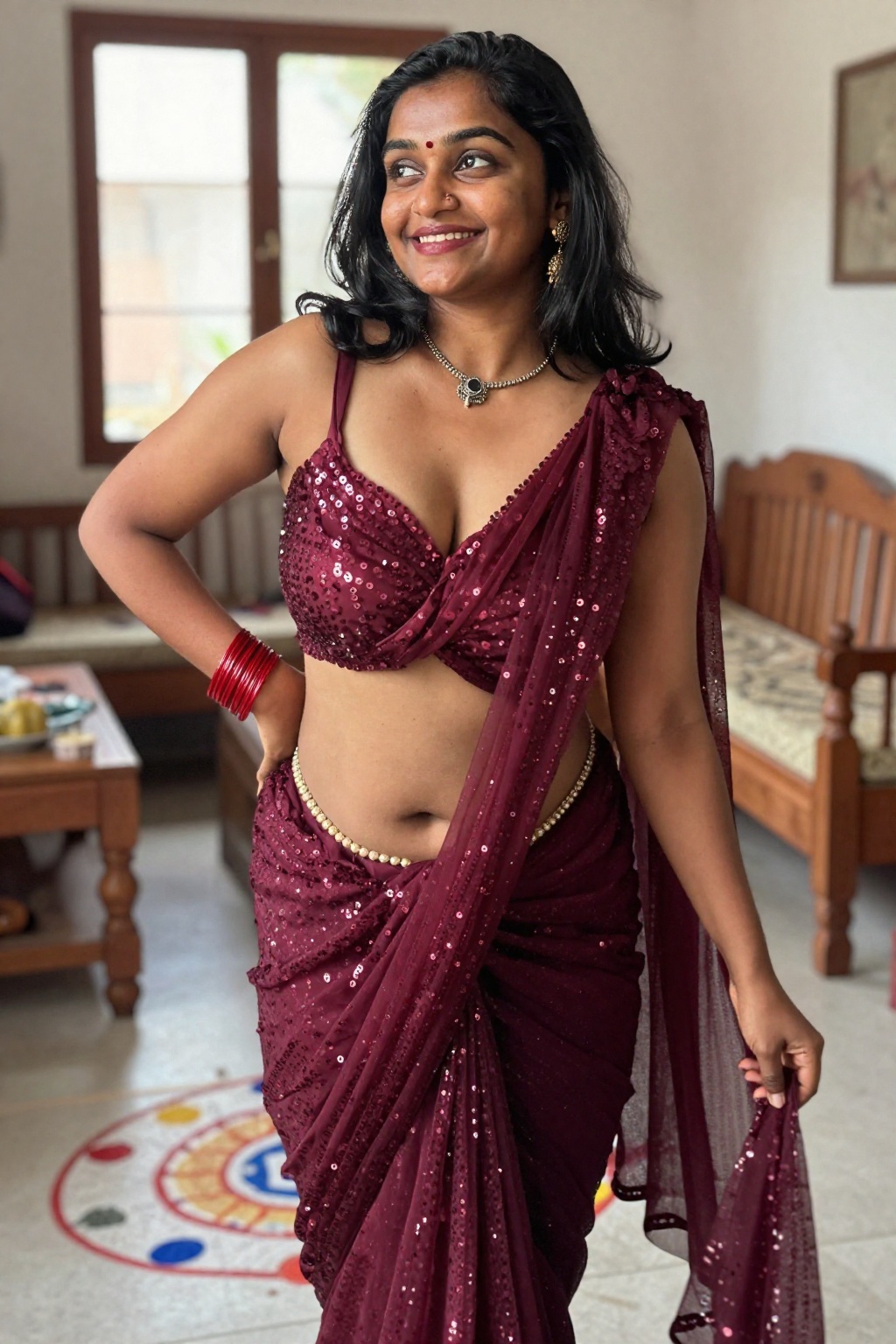 Photograph of a smiling Indian woman with medium-dark skin,  black shoulder-length hair,  standing in a traditional Indian...