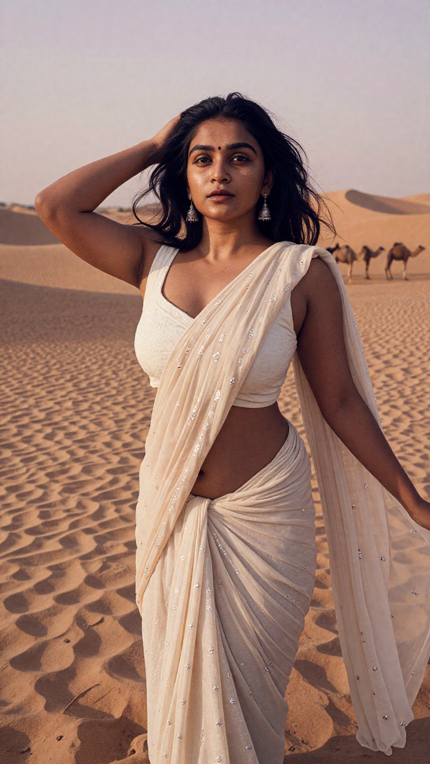 Cinematic photograph of a young South Asian woman with medium brown skin,  shoulder-length wavy black hair,  and large bre...
