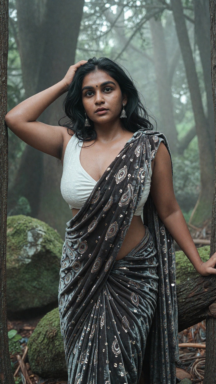 Cinematic photograph of a young South Asian woman with medium brown skin,  shoulder-length wavy black hair,  and large bre...