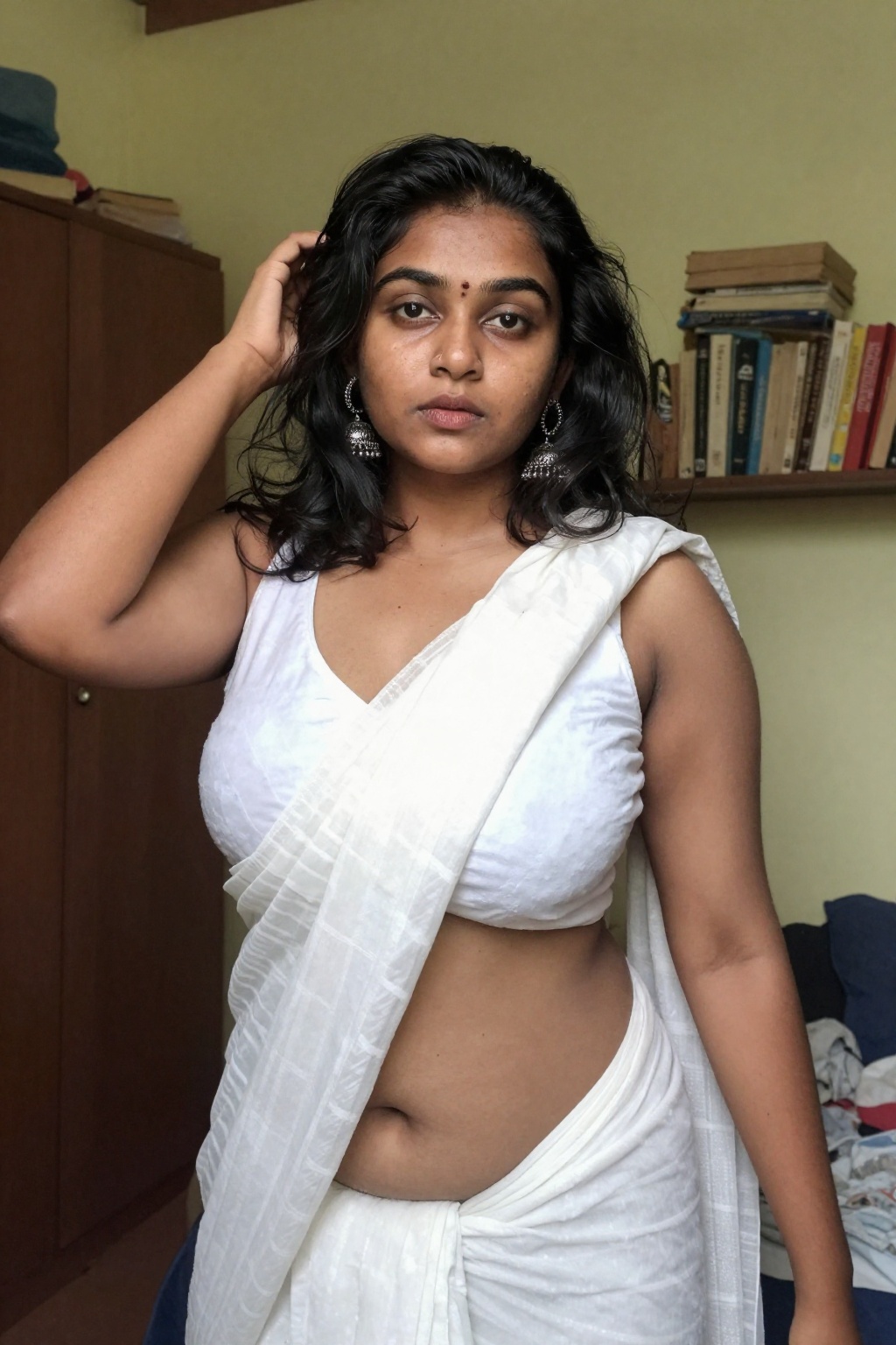 Photograph of a young South Asian woman with medium brown skin and shoulder-length wavy black hair,  standing in a modestl...