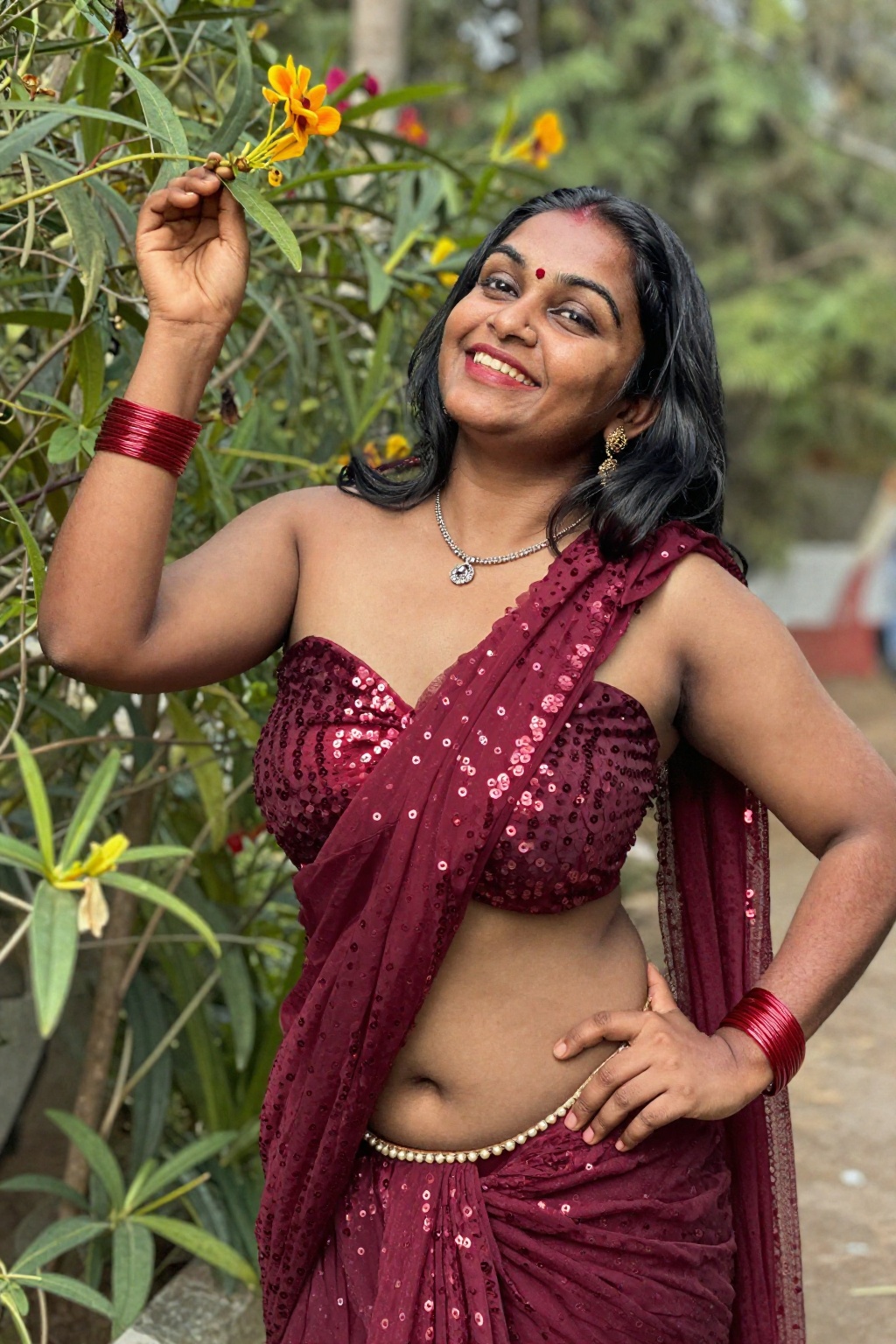 Photograph of a smiling Indian woman with medium-dark skin and black shoulder-length hair,  creative worm's eye shot from...