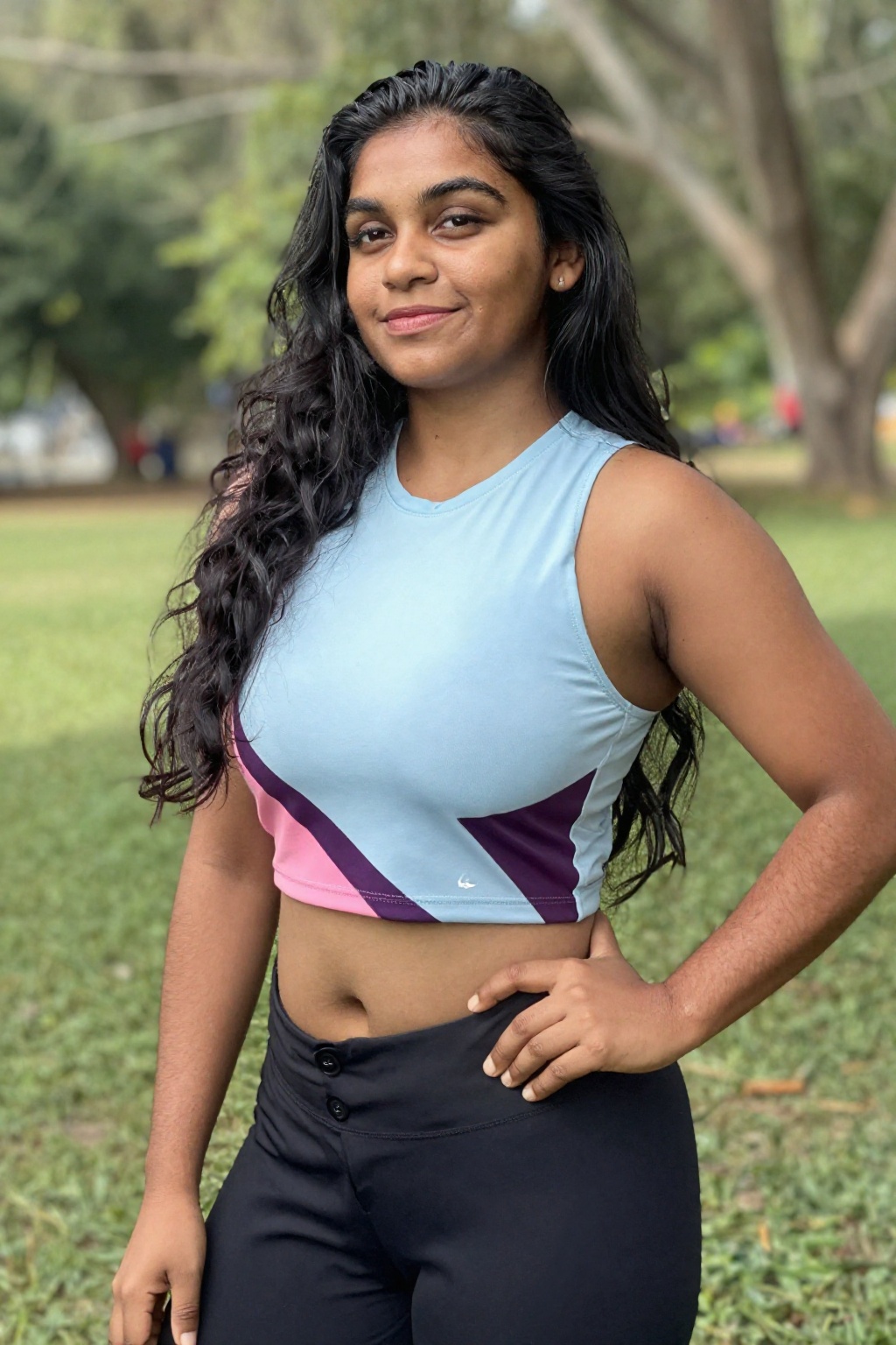 Photograph of a confident woman with long wavy black hair,  medium-brown complexion,  and slight smile on Tensor.Art