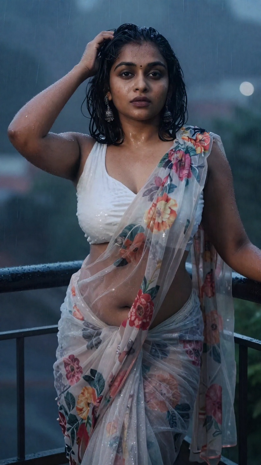 Cinematic photograph of a young South Asian woman with medium brown skin,  shoulder-length wavy black hair,  and large bre...