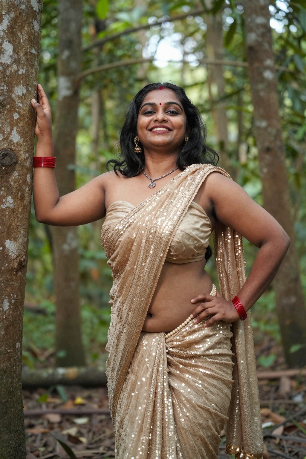 Photograph of a smiling Indian woman with medium-dark skin and black shoulder-length hair,  creative worm's eye shot from...