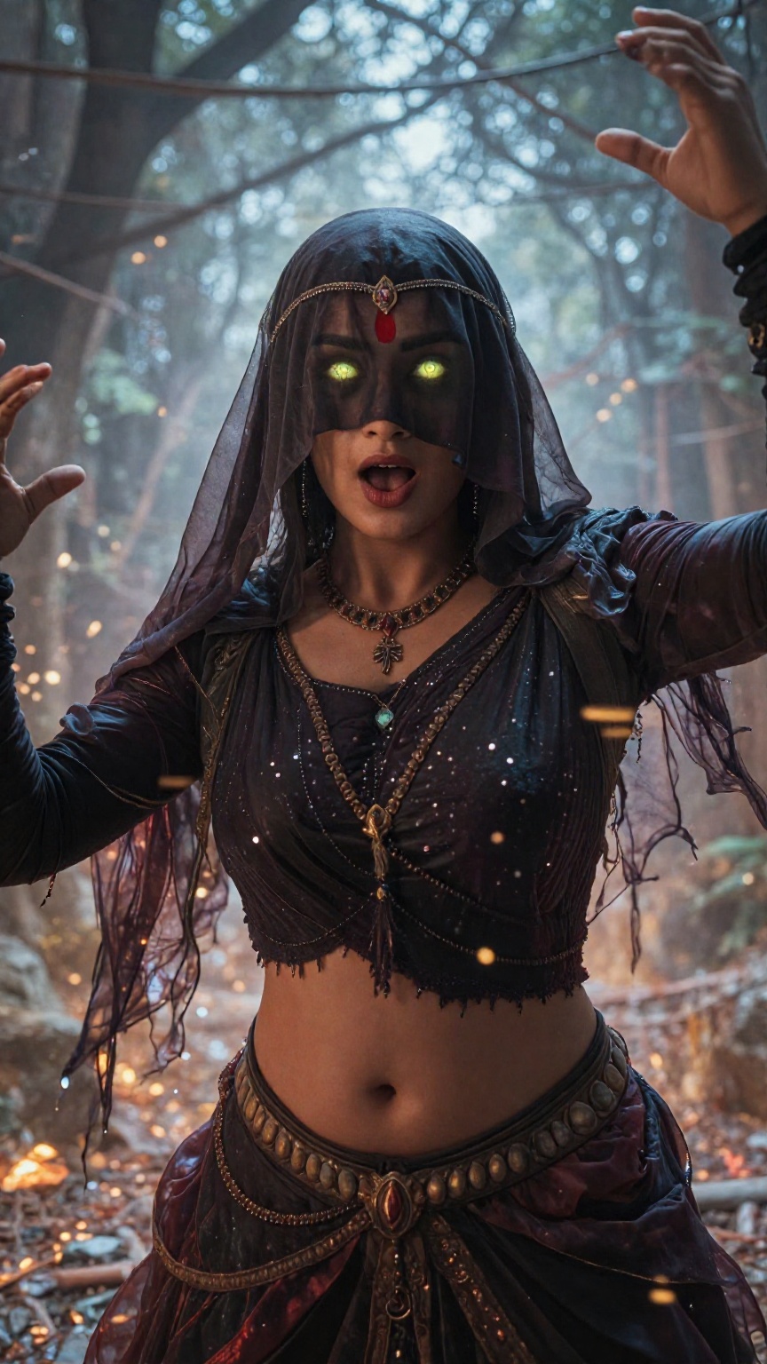 Create a cinematic scene featuring an Indian witch with her hair and forehead covered by a hard veil cloth,  leaving only...
