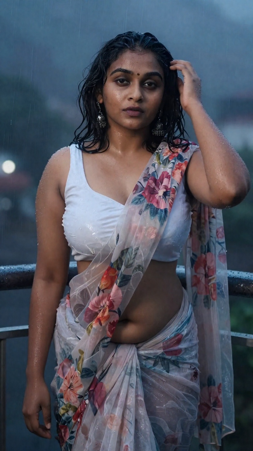 Cinematic photograph of a young South Asian woman with medium brown skin,  shoulder-length wavy black hair,  and large bre...