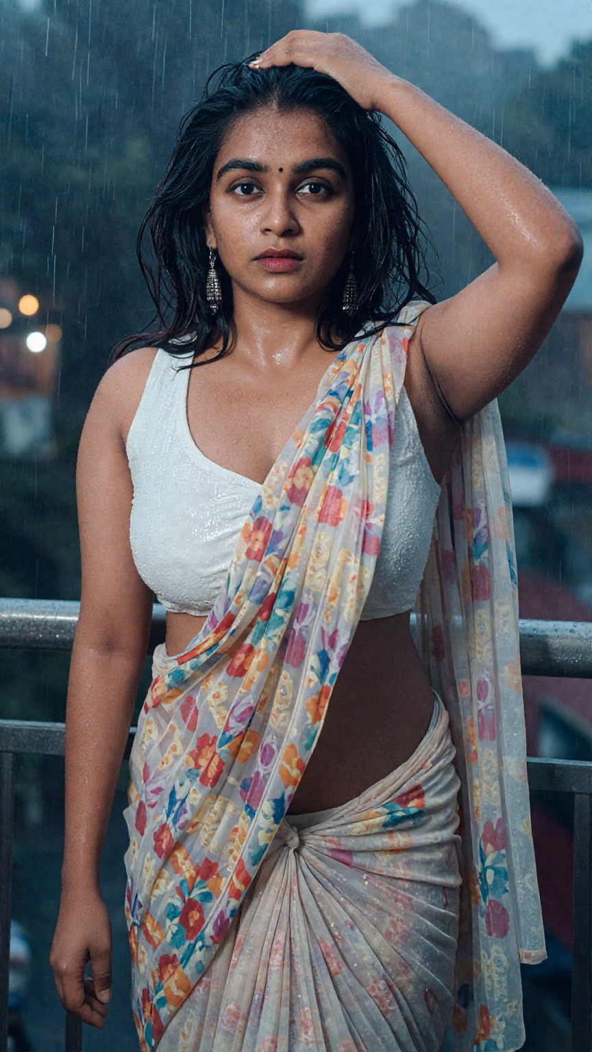 Cinematic photograph of a young South Asian woman with medium brown skin,  shoulder-length wavy black hair,  and large bre...
