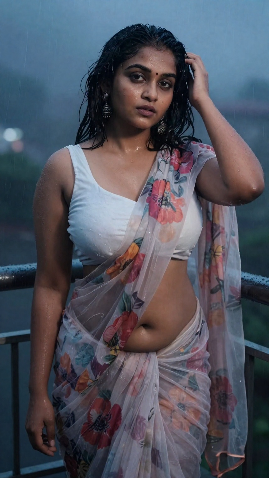 Cinematic photograph of a young South Asian woman with medium brown skin,  shoulder-length wavy black hair,  and large bre...