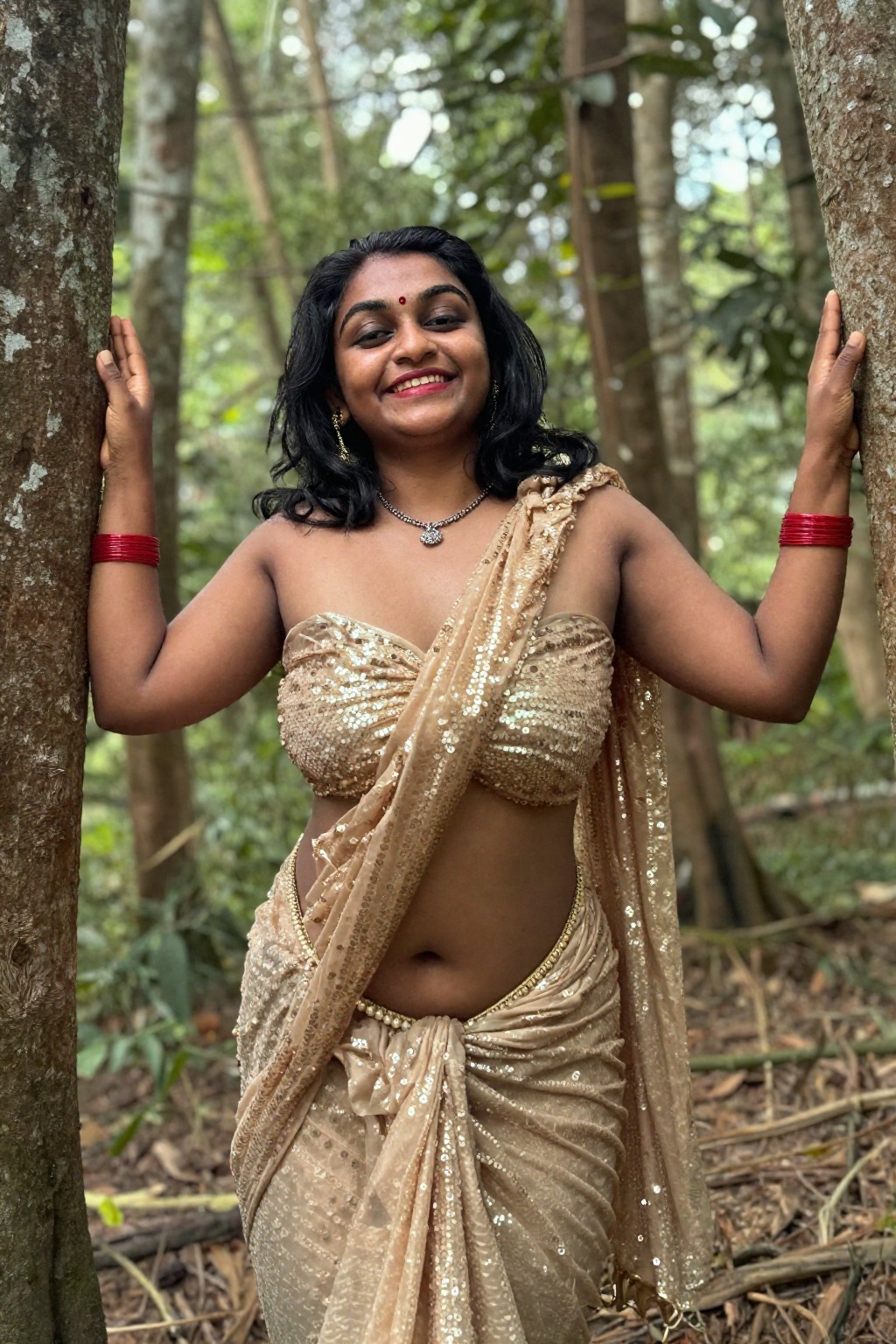 Photograph of a smiling Indian woman with medium-dark skin and black shoulder-length hair,  creative worm's eye shot from...