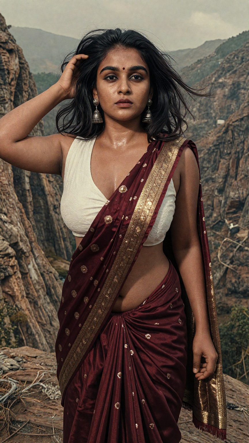 Cinematic photograph of a young South Asian woman with medium brown skin,  shoulder-length wavy black hair,  and large bre...