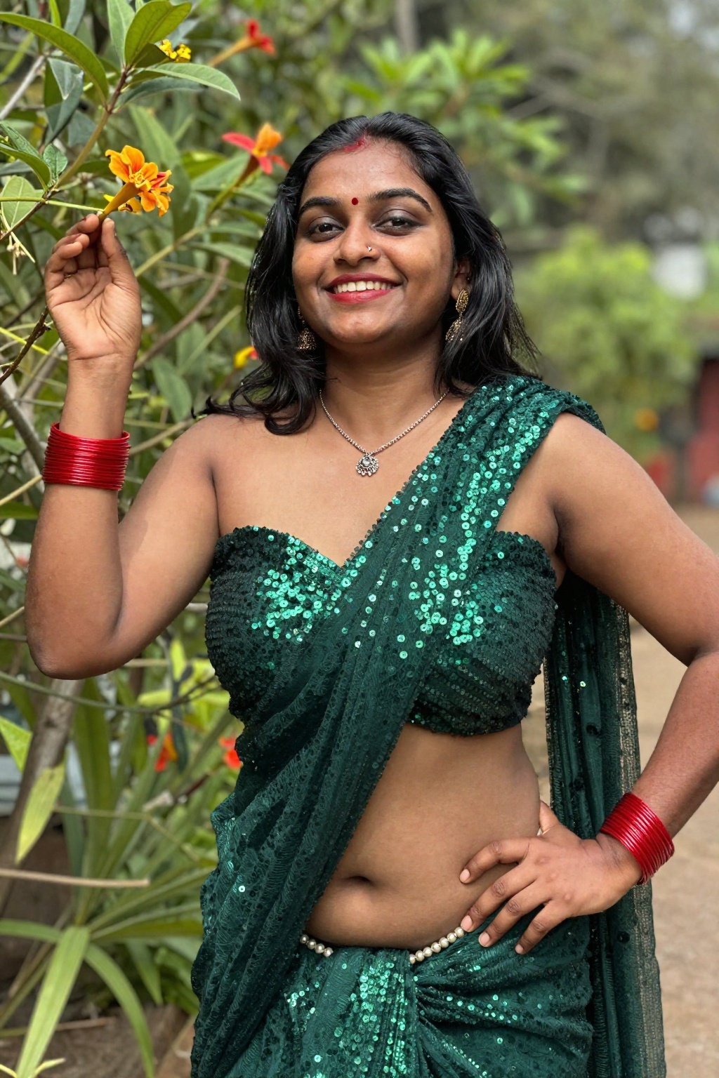 Photograph of a smiling Indian woman with medium-dark skin and black shoulder-length hair,  dramatic worm's eye shot from...