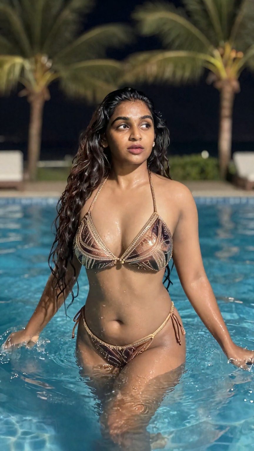 HDR photo of girl ,  long wavy hair,  kerala influencer swimming inside outdoor swimming pool on Tensor.Art