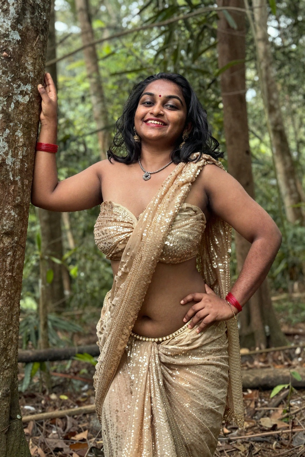 Photograph of a smiling Indian woman with medium-dark skin and black shoulder-length hair,  creative worm's eye shot from...