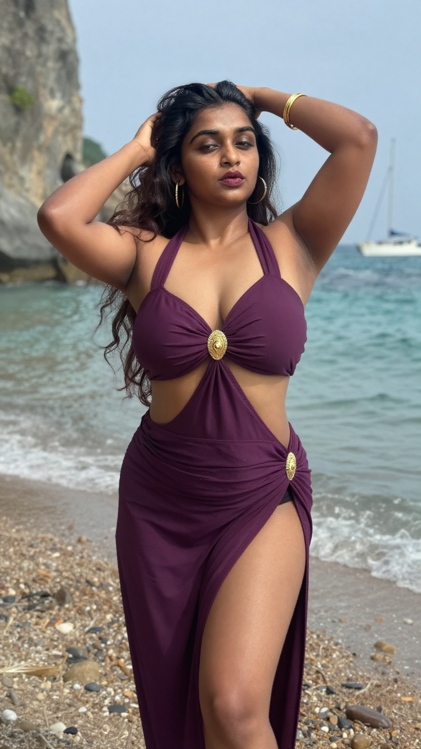 Prompt Medium low-angle three-quarter front view of a big breasts curvy young Indian woman with long wavy dark hair,  wear...
