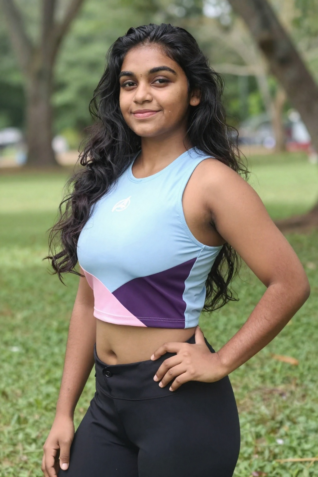 Photograph of a confident young woman with long wavy black hair,  medium-brown complexion,  and slight smile on Tensor.Art