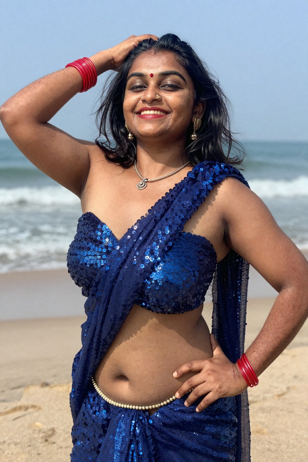 Photograph of a smiling Indian woman with medium-dark skin and black shoulder-length hair,  powerful worm's eye shot from...