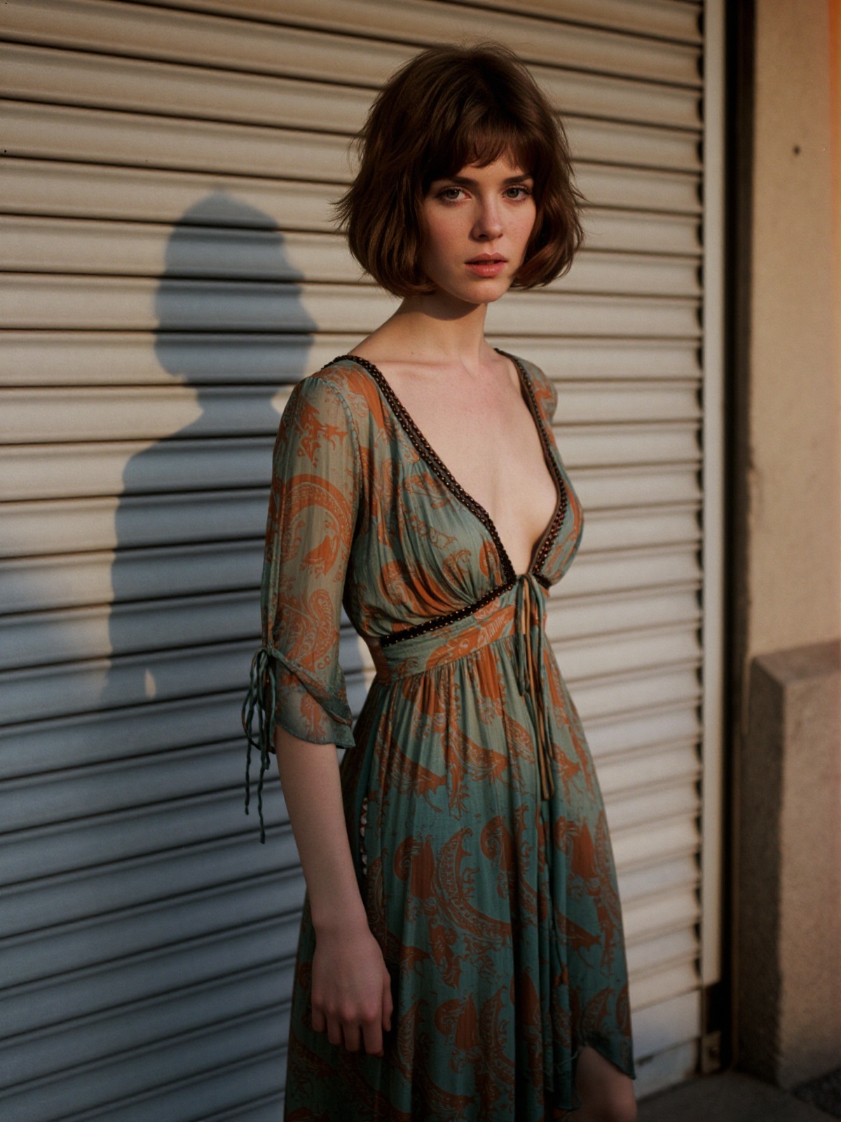 An authentic ******* analogue photograph of a young woman in her early twenties standing against a sun-warmed corrugated m...