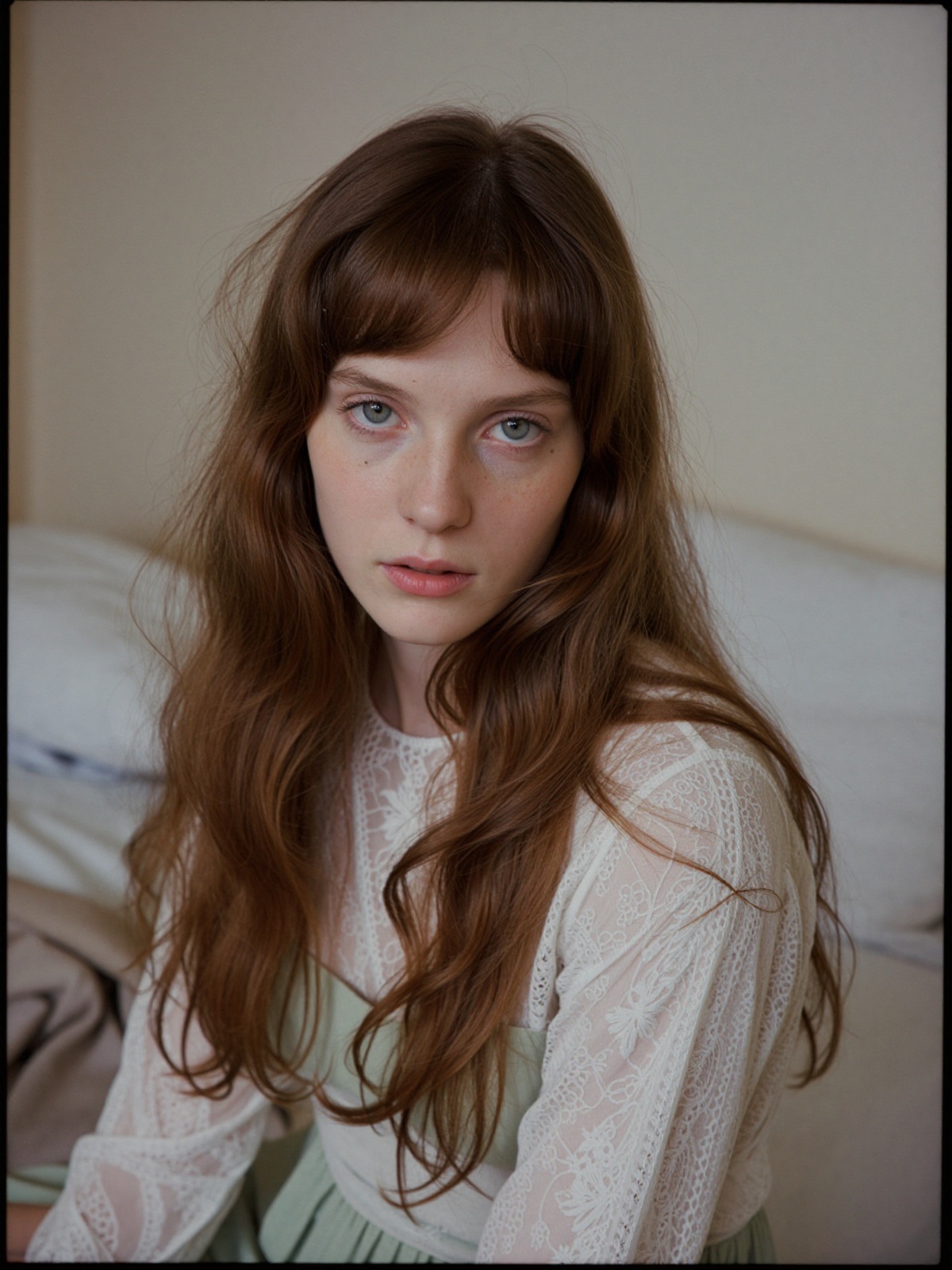 An authentic ******* analogue portrait photograph of a young woman around nineteen sitting on the edge of a bed in a quiet...