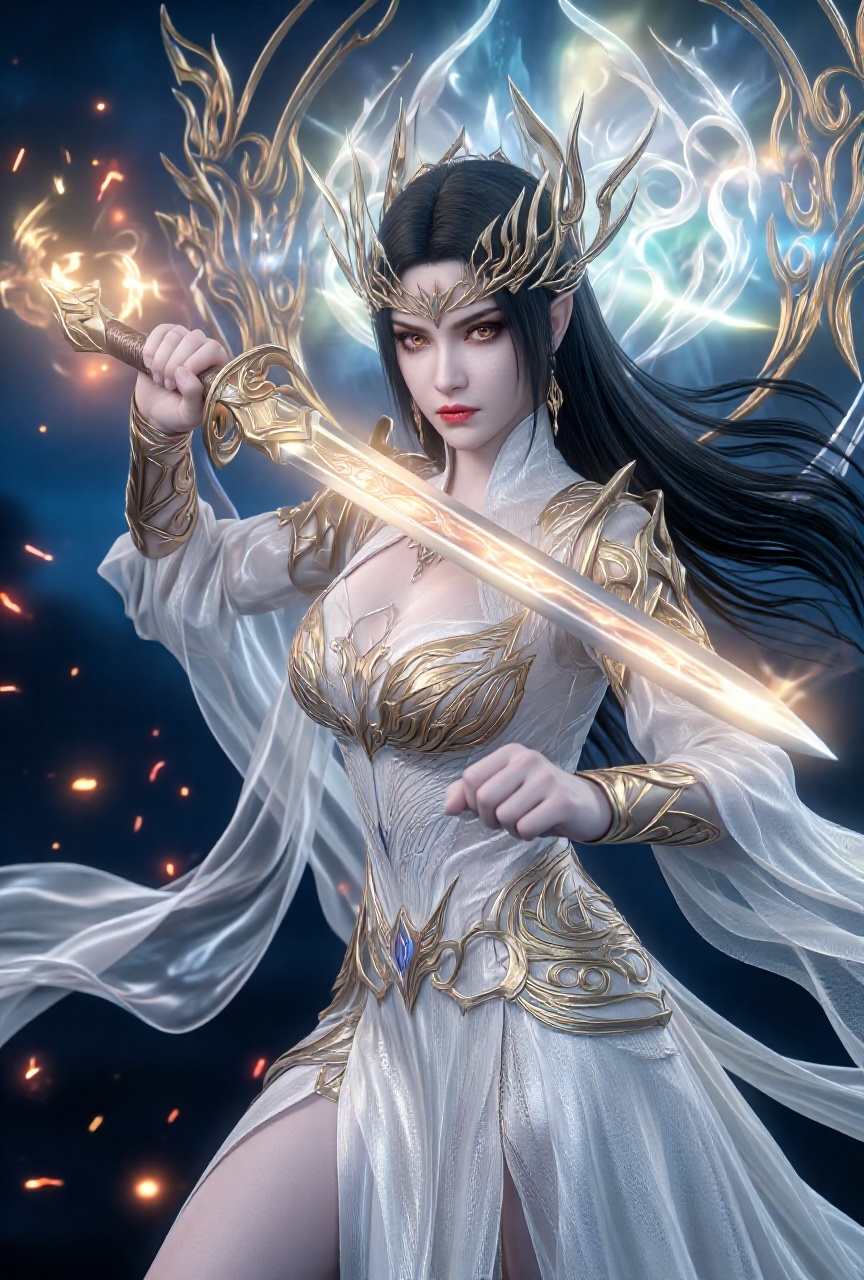 a regal queen stands in a dynamic,  defensive combat stance,  her upper body angled in a striking three-quarter position w...