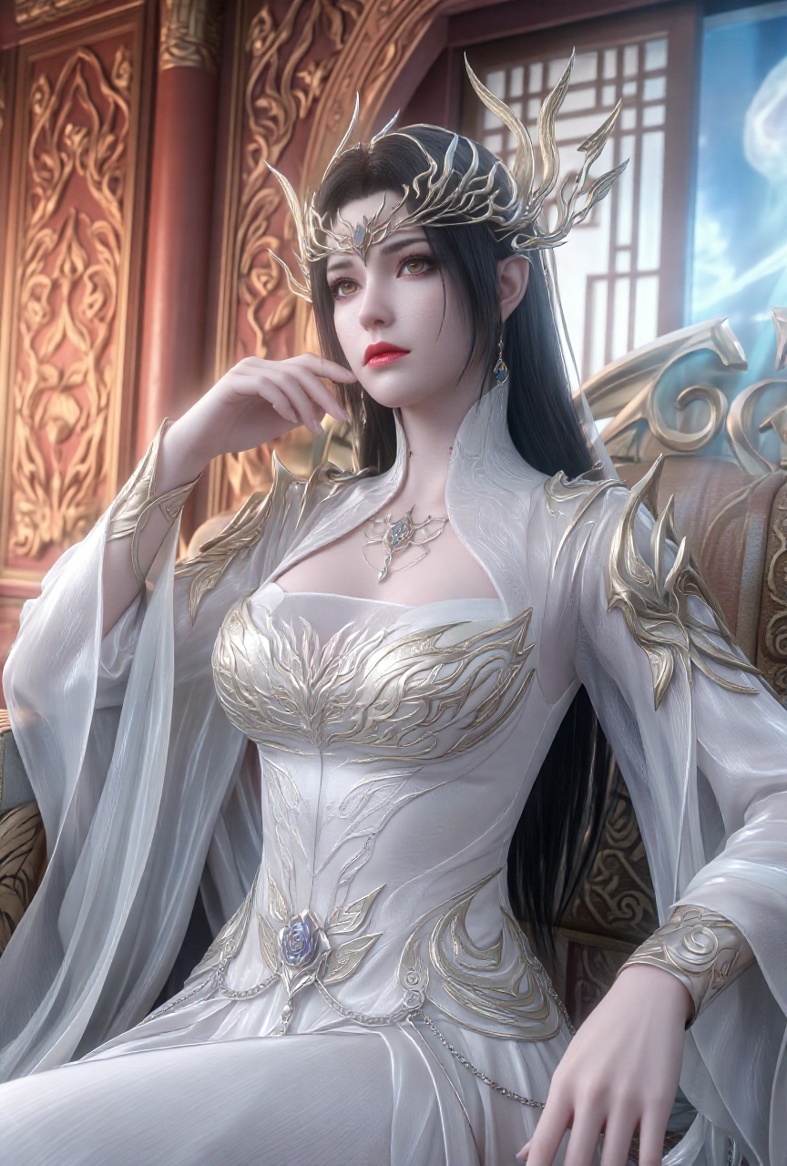 a regal queen sits in a relaxed,  elegant,  and slightly reclined pose on a luxurious throne on Tensor.Art