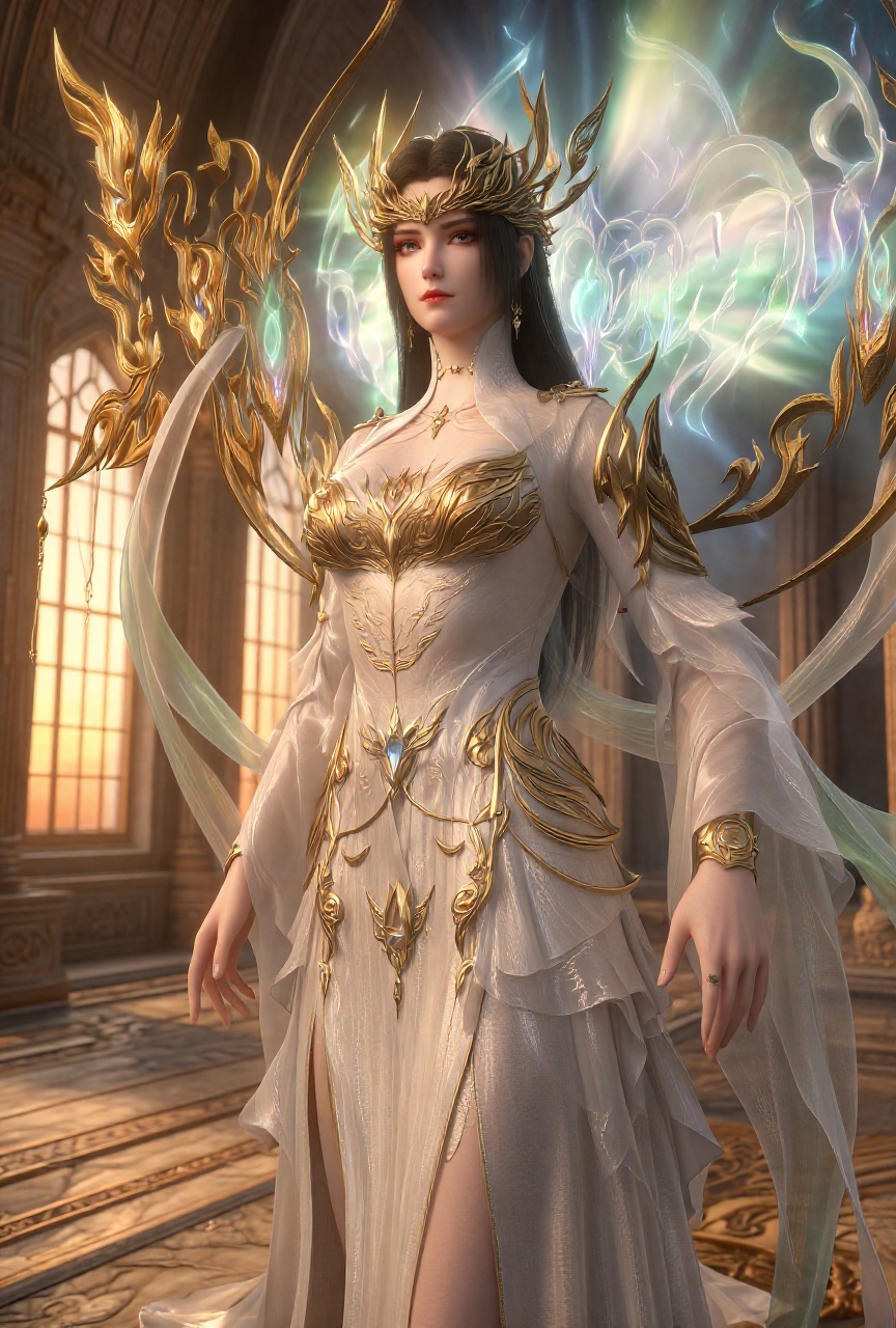 captured in half-body,  black hair wearing white regal outfit,  goddess on Tensor.Art