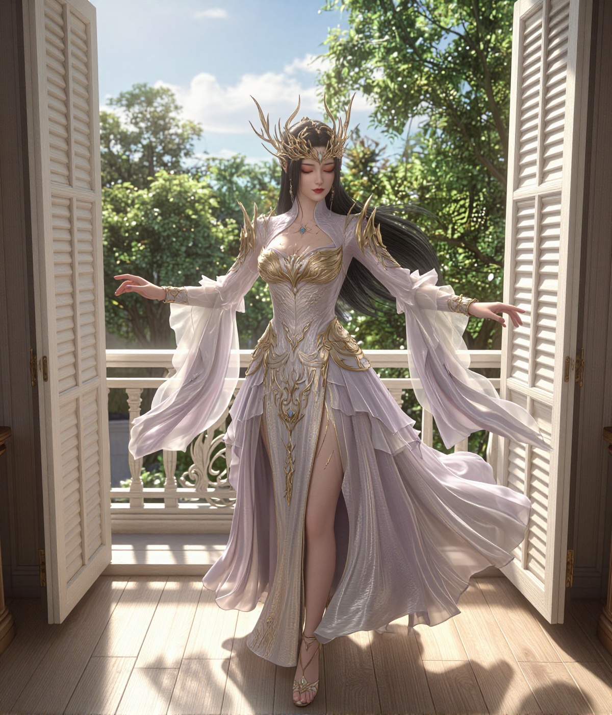 A regal queen wears a high-collared,  pale metallic-lilac gown adorned with intricate gold filigree armor along the bodice...