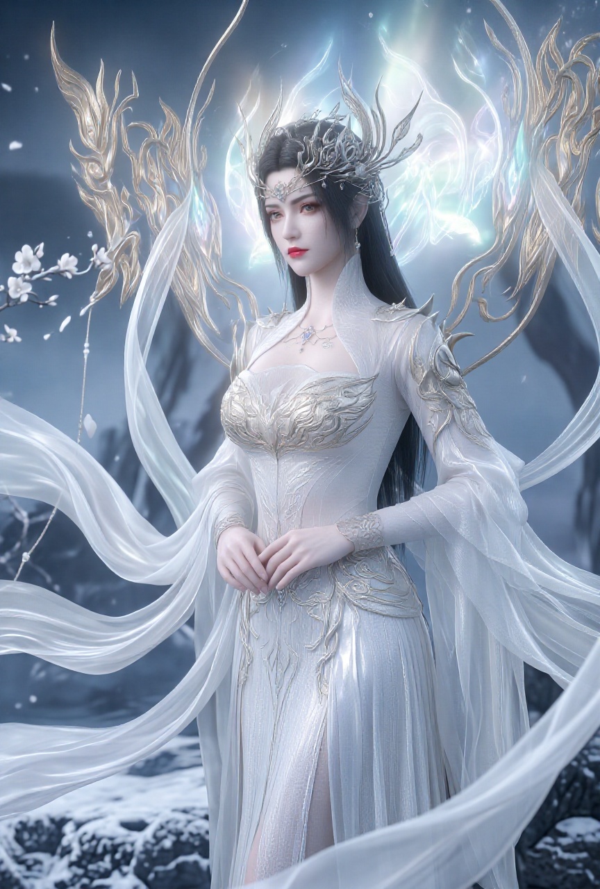 A regal queen stands in a graceful three-quarter profile pose,  her upper body turned slightly toward the left while her g...