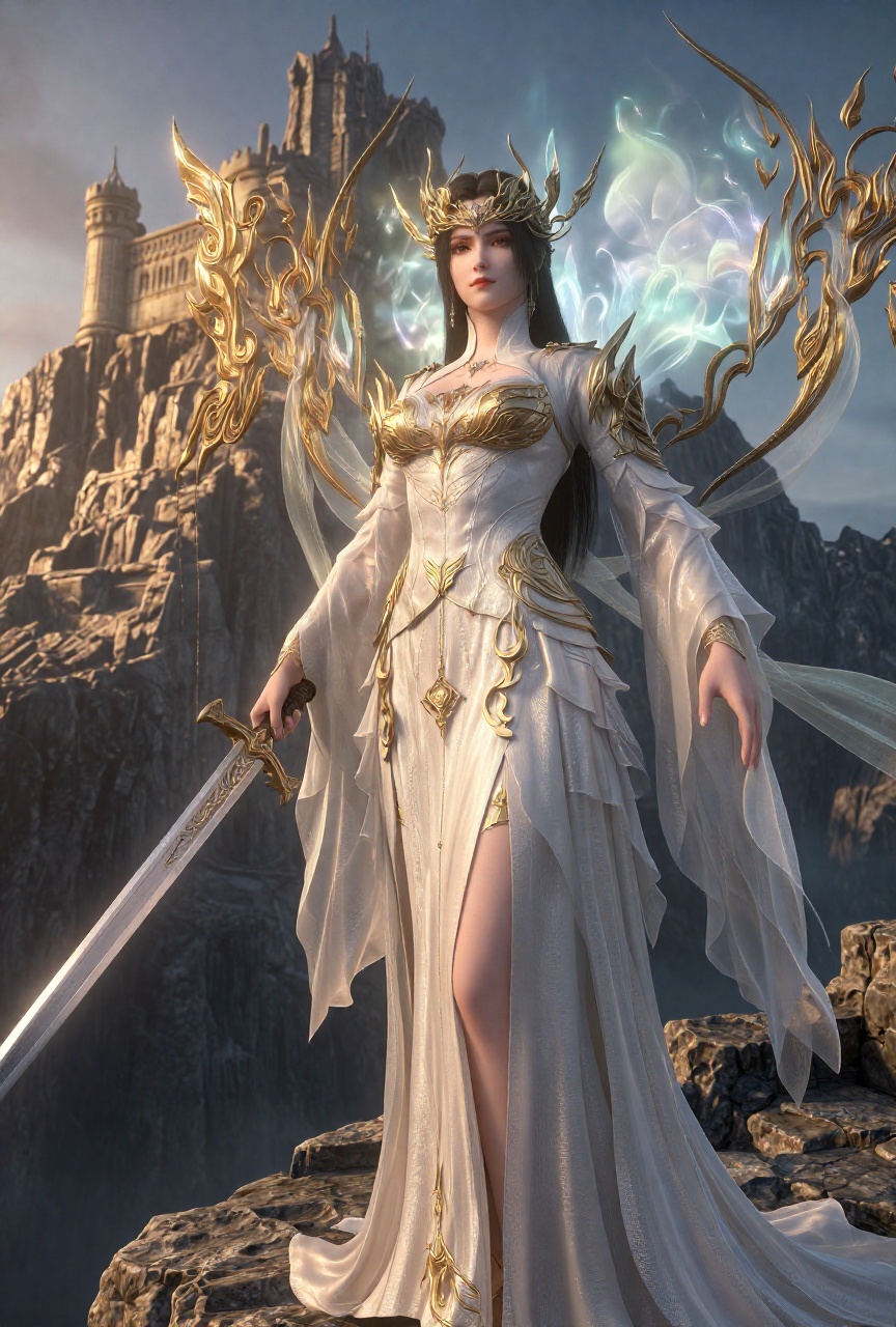 captured in low-angle perspective,  full-body black hair. wearing white regal outfit,  goddess on Tensor.Art
