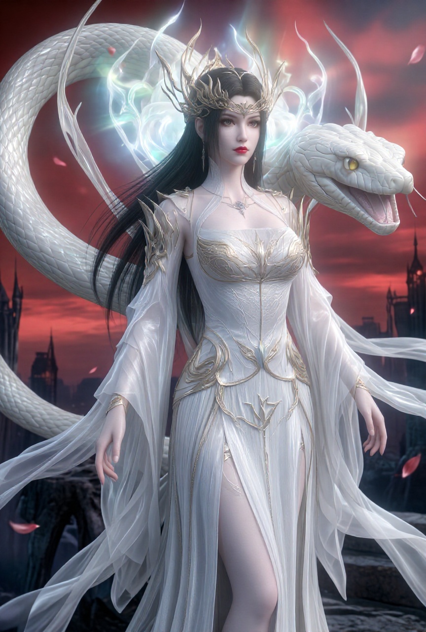 a regal queen stands poised in a commanding full-length,  three-quarter posture,  her body angled slightly toward the righ...
