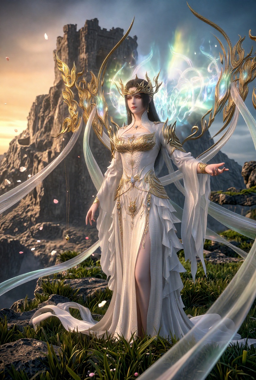 captured in half-body,  black hair wearing white regal outfit,  goddess on Tensor.Art