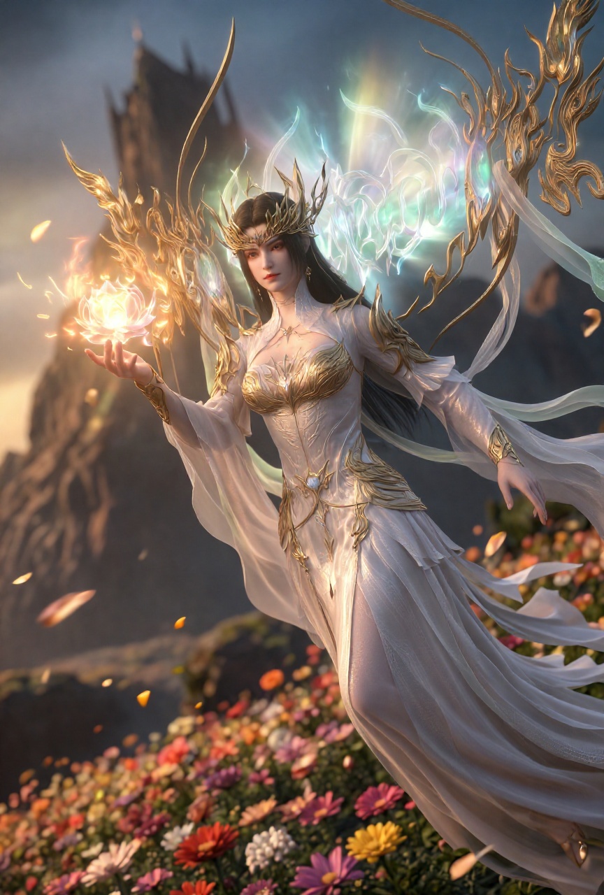captured in soft focus tilt low-angle perspective,  black hair. wearing white regal outfit,  goddess on Tensor.Art