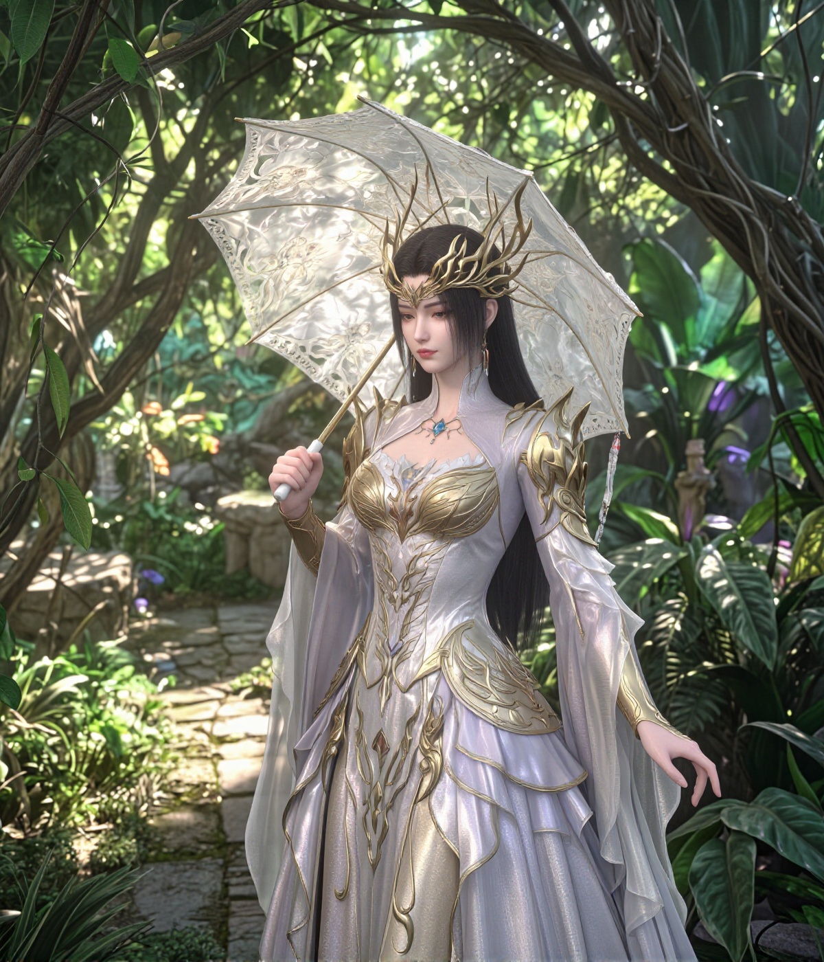 A regal queen wears a high-collared,  pale metallic-lilac gown adorned with intricate gold filigree armor along the bodice...