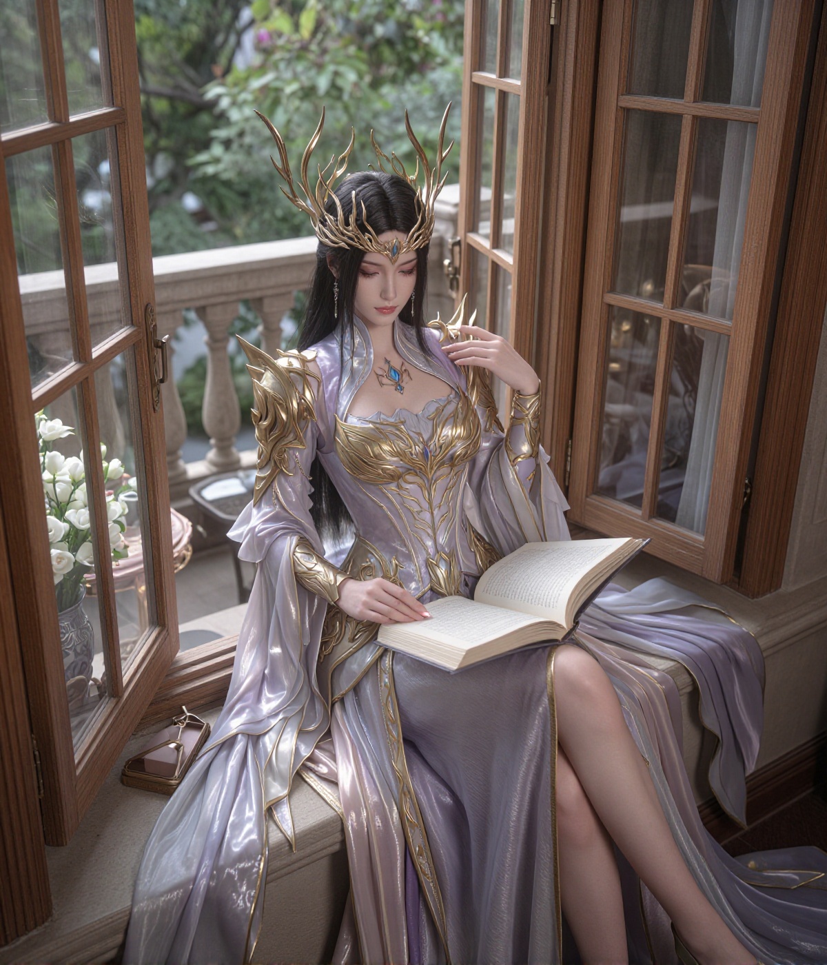 A regal queen wears a high-collared,  pale metallic-lilac gown adorned with intricate gold filigree armor along the bodice...