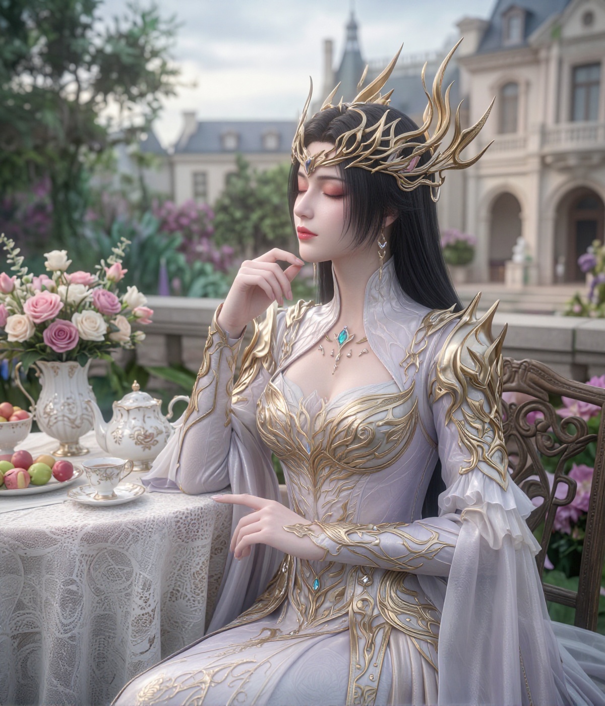 A regal queen wears a high-collared,  pale metallic-lilac gown adorned with intricate gold filigree armor along the bodice...