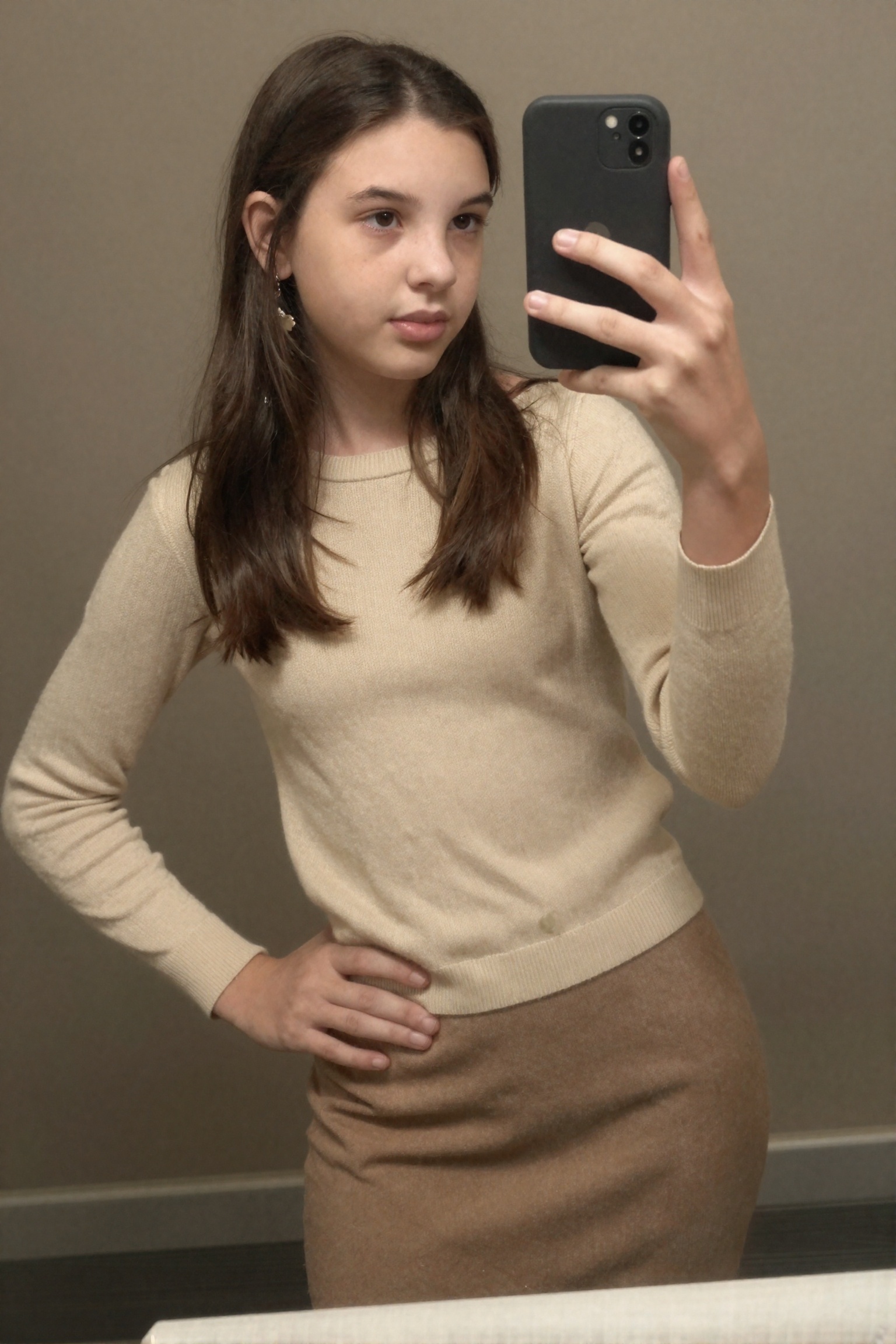 Create a candid photograph of a 16-year-old teenage girl,  capturing her in a moment of taking a selfie in a bathroom. The...