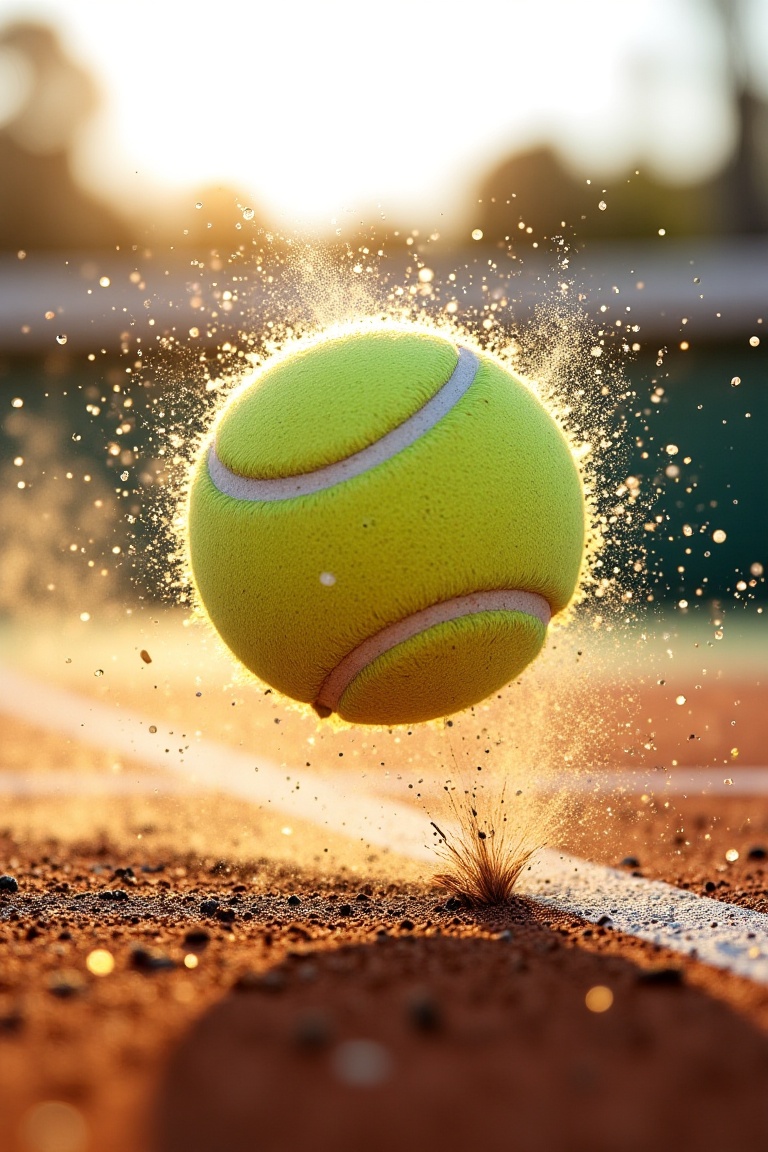 Tennis ball frozen in mid-air on a clay court,  dust particles exploding on impact,  golden hour lighting on Tensor.Art