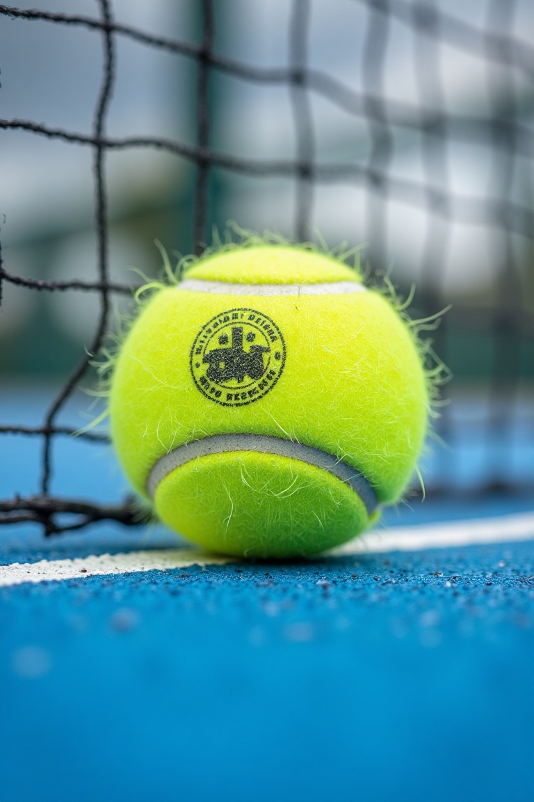 Extreme macro photography of a neon yellow tennis ball resting on the vibrant hard blue court surface. The focus is so sha...