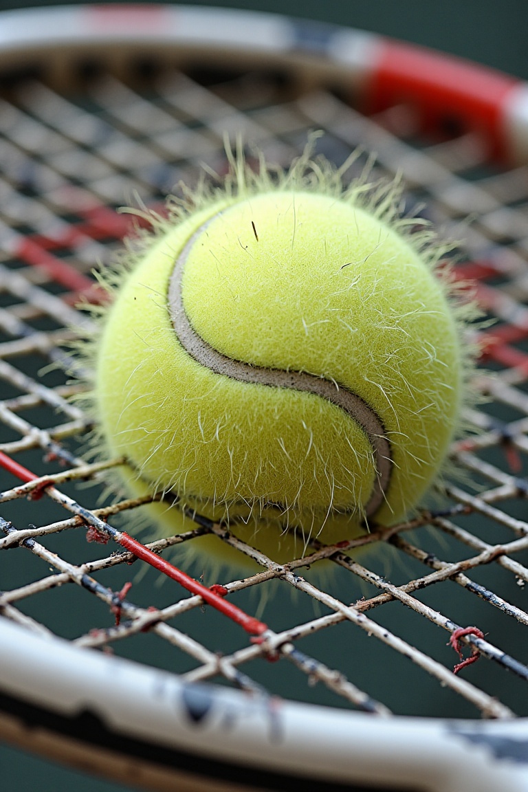 Close-up of worn tennis racket strings gripping a hairy ball,  tactile detail,  shallow depth of field on Tensor.Art