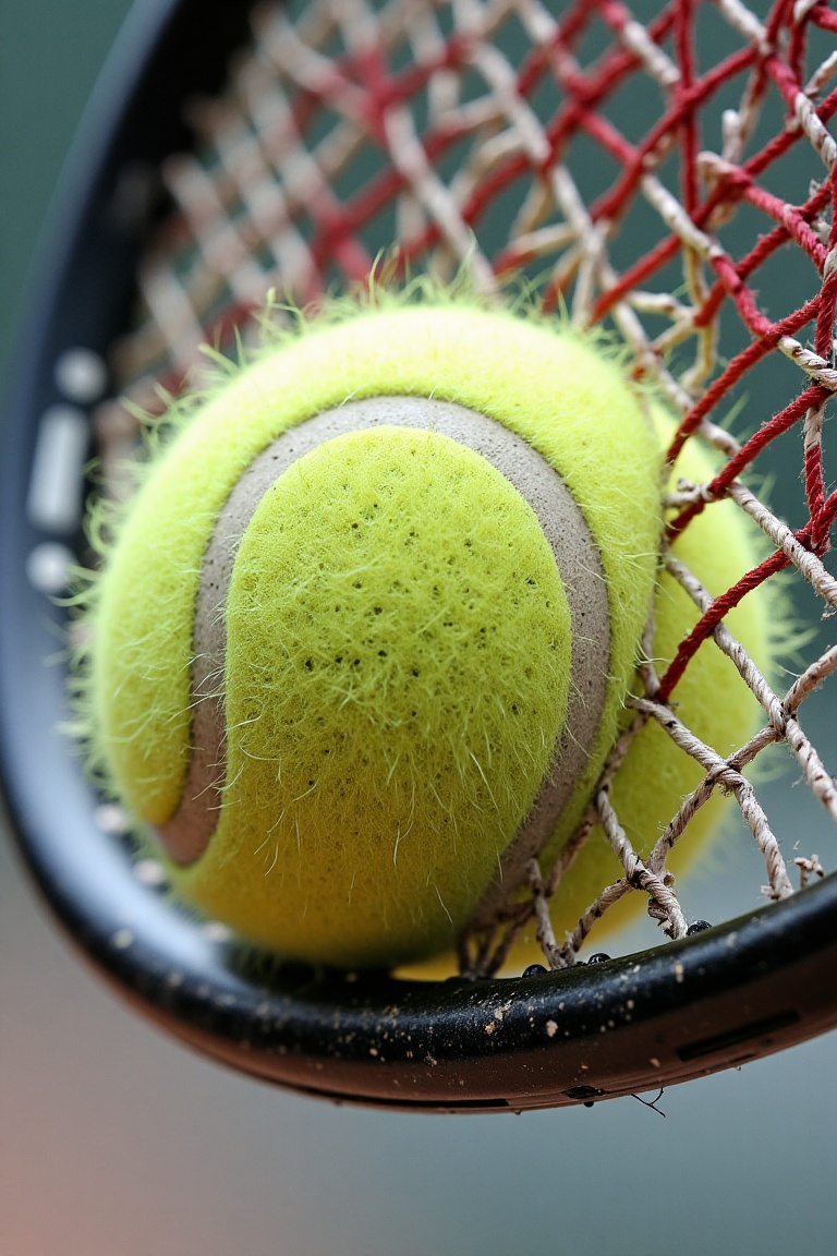 Close-up of worn tennis racket strings gripping a hairy ball,  tactile detail,  shallow depth of field on Tensor.Art