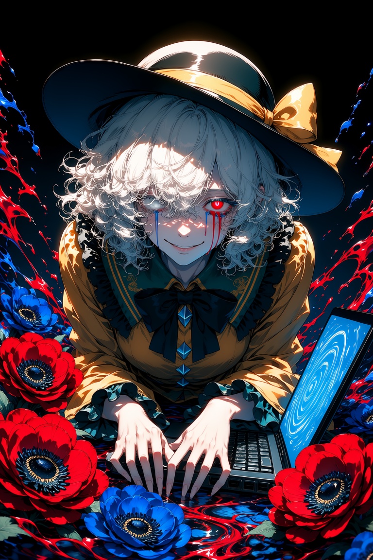 komeiji koishi in a haunting,  surreal composition dominated by vivid contrasts of red,  blue on Tensor.Art