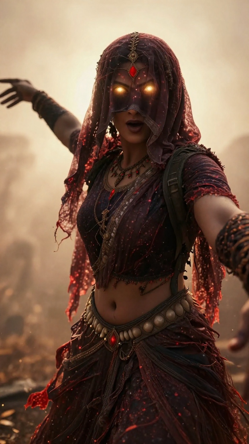 Create a cinematic scene featuring an Indian witch with her hair and forehead covered by a hard veil cloth,  leaving only...
